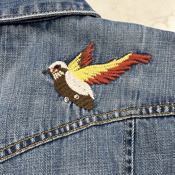 Tommy Hilfiger Womens Embroidered Y2K Jean Denim Jacket Distressed Sz L - Picture 6 of 14